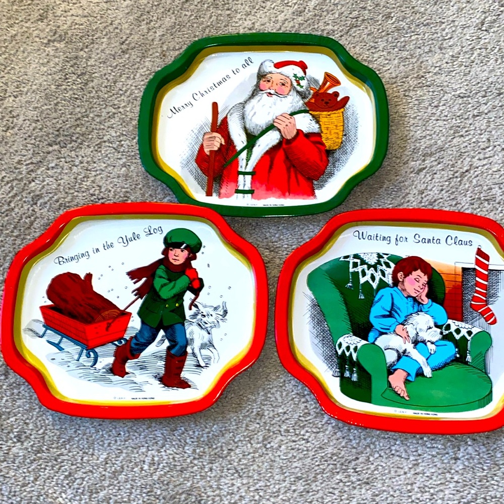 Vintage JSNY Christmas Metal Cookie Snack Tray Set  Hong Kong Made (3)‎
